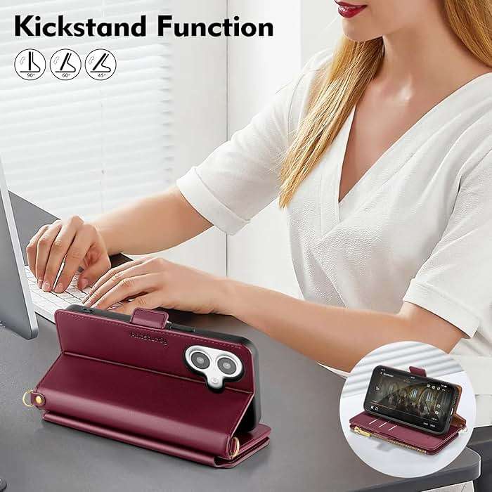 Antsturdy Compatible with iPhone 16 Wallet Case for Women【RFID Blocking】 Crossbody Phone Case PU Leather Zipper with Wrist Strap Flip Cover Credit Card Holder for Apple 16 6.1",Wine Red - Image 7