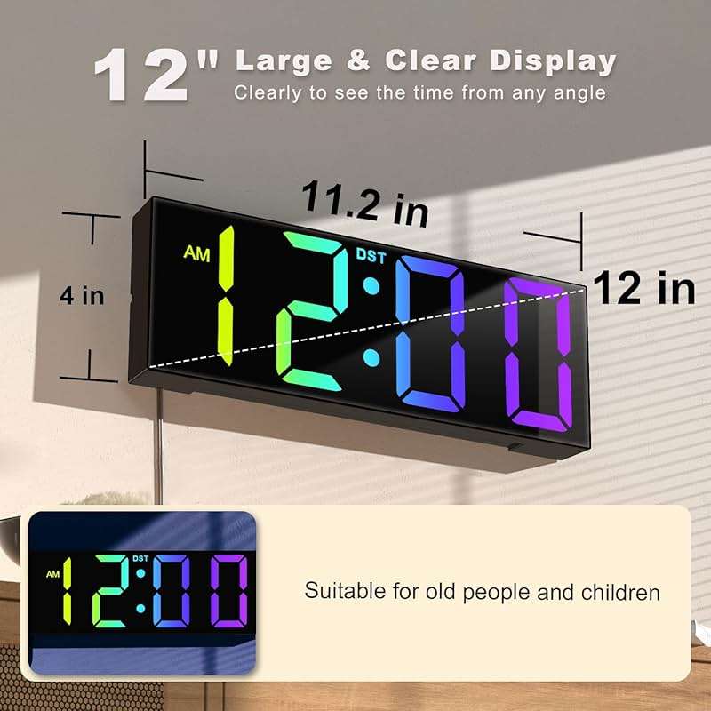 JALL 12" Large Digital Wall Clock, Big LED Number Dispaly, Remote Control, RGB Colors, DST, Night Light for Classroom Living Room Bedroom Birthday Gift for Senior, Men Women (Black, 12 inches) - Image 2