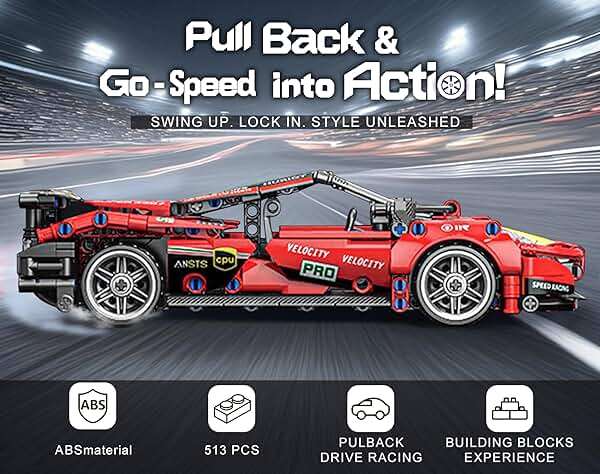 Sosuy Building-Block Race-Car Set, 1:18 Technical Model Kit 513 Pcs DIY Red Pull-Back Toy for Boy Girl Kid Age 6+ Year, Birthday Gift for Teen Adult Display, Speed Super Sports Cars Bricks Icons - Image 4