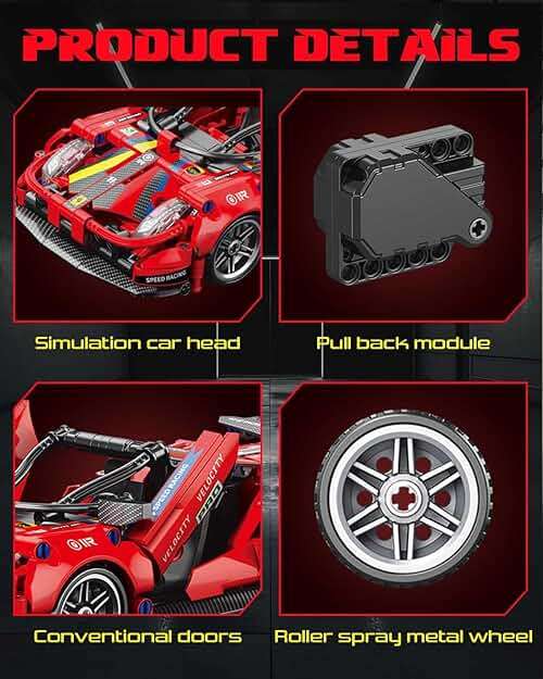 Sosuy Building-Block Race-Car Set, 1:18 Technical Model Kit 513 Pcs DIY Red Pull-Back Toy for Boy Girl Kid Age 6+ Year, Birthday Gift for Teen Adult Display, Speed Super Sports Cars Bricks Icons - Image 8