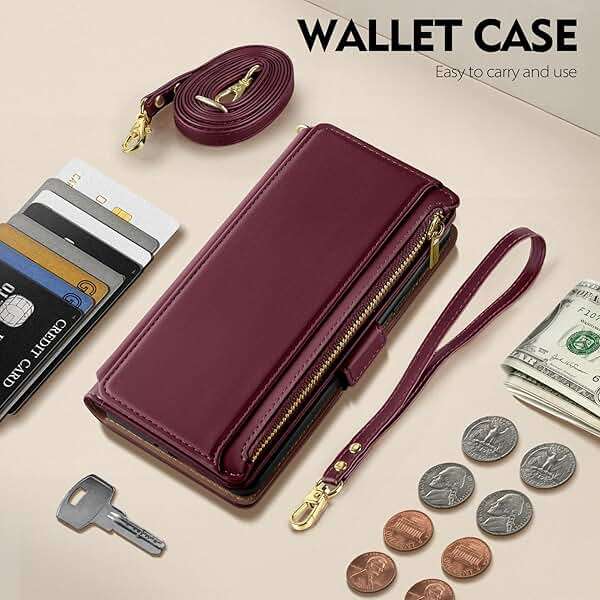 Antsturdy Compatible with iPhone 16 Pro Max Wallet Case for Women【RFID Blocking】 Crossbody Phone Case PU Leather Zipper with Wrist Strap Flip Cover Credit Card Holder for Apple 16 Pro Max,Wine Red - Image 4