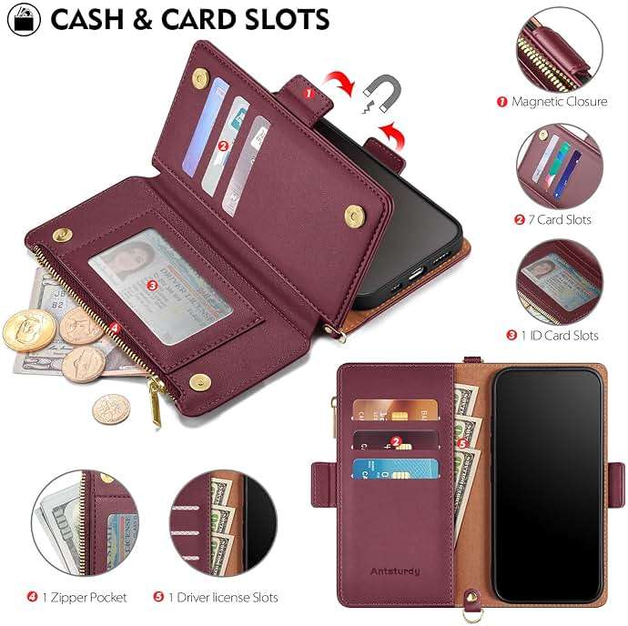 Antsturdy Compatible with iPhone 16 Pro Max Wallet Case for Women【RFID Blocking】 Crossbody Phone Case PU Leather Zipper with Wrist Strap Flip Cover Credit Card Holder for Apple 16 Pro Max,Wine Red - Image 5
