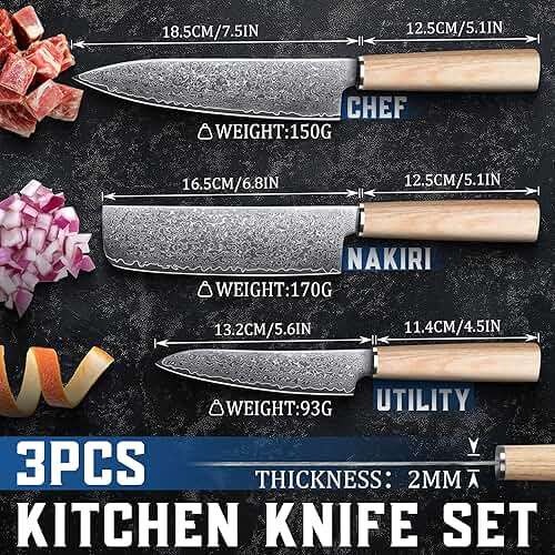 ROCOCO Damascus Chef Knife Set - Japanese Nakiri Utility Paring Knives Sharp Gyuto Meat Cleaver for Home Kitchen Gift Idea - Image 2