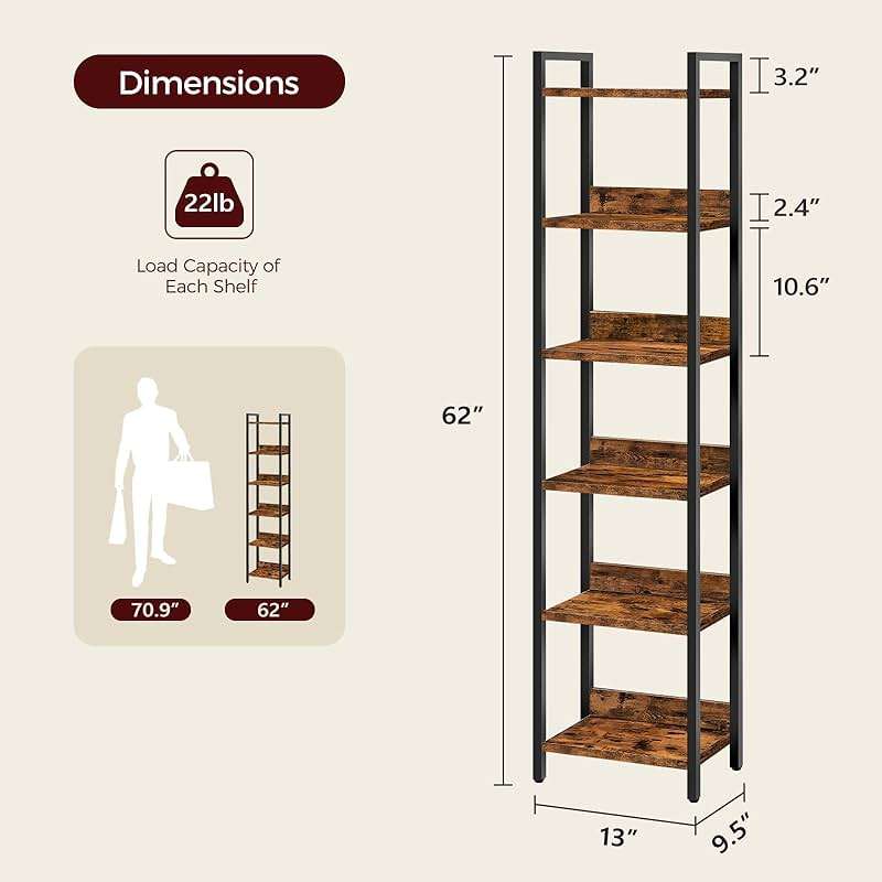 MAHANCRIS Bookshelf, 6-Tier Bookcase, Standing Book Shelf for Small Space, Storage Shelf Organizer, for Living Room, Bedroom, Study, Balcony, Rustic Brown and Black BKHR6601 - Image 4
