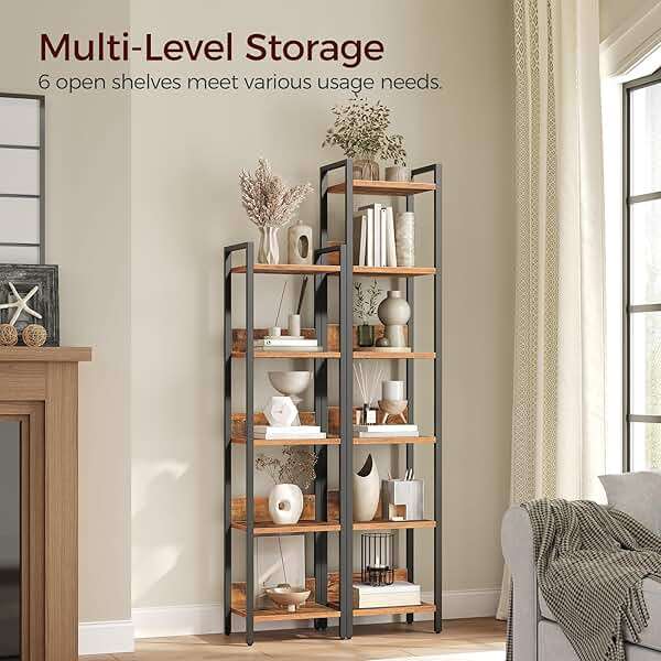 MAHANCRIS Bookshelf, 6-Tier Bookcase, Standing Book Shelf for Small Space, Storage Shelf Organizer, for Living Room, Bedroom, Study, Balcony, Rustic Brown and Black BKHR6601 - Image 5