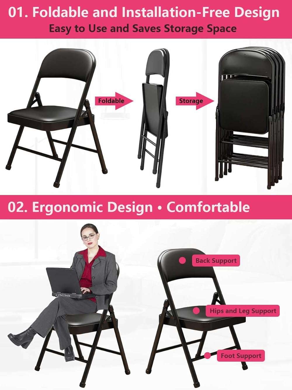 KAOCHA 1 Pack Bulk Folding Chairs with Padded Cushion, Single Black Steel Metal Frame Foldable Chair for Indoor and Outdoor, Portable Stackable Commercial Seat for Bedroom Patio Party Event - Image 3