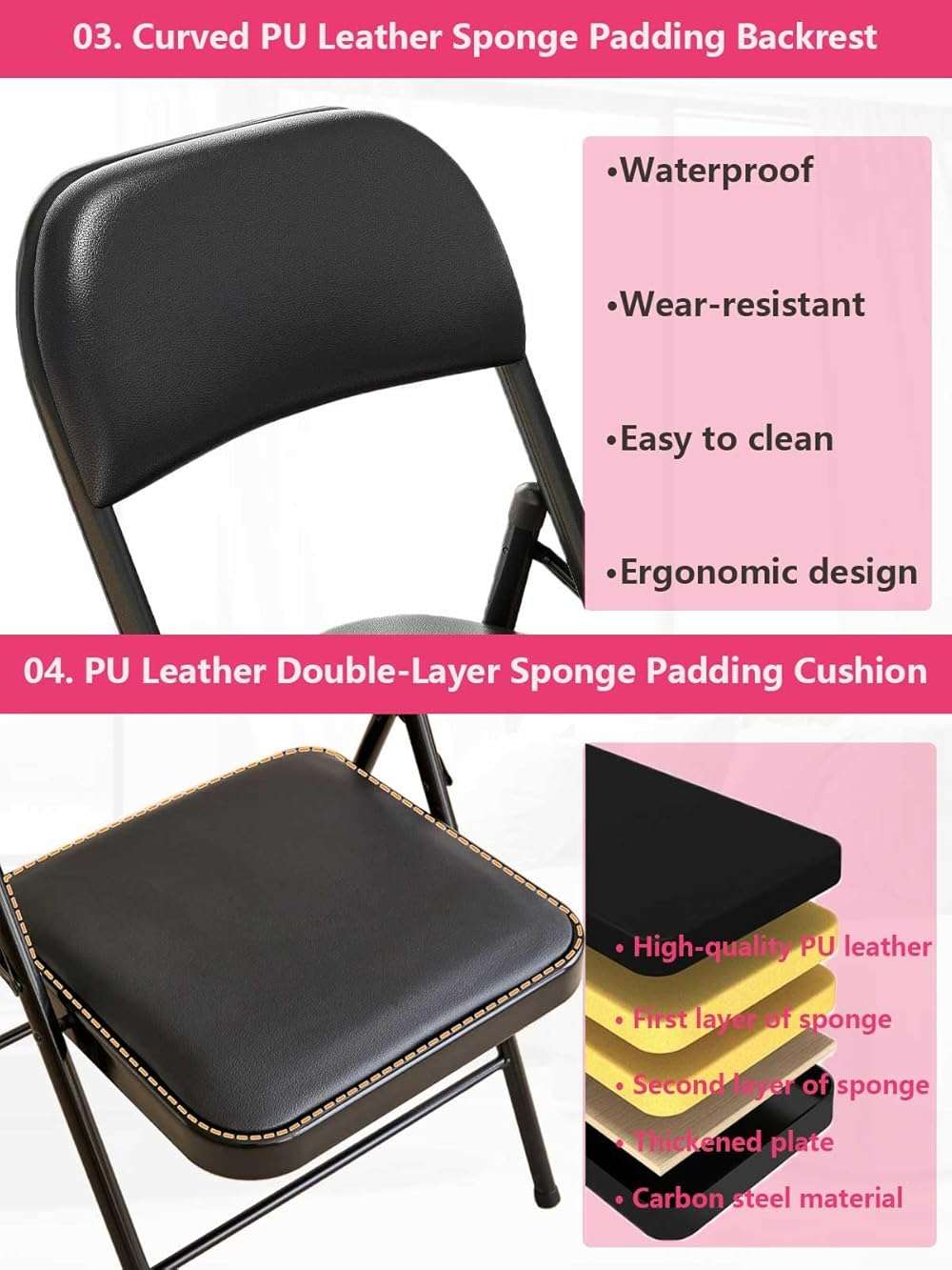 KAOCHA 1 Pack Bulk Folding Chairs with Padded Cushion, Single Black Steel Metal Frame Foldable Chair for Indoor and Outdoor, Portable Stackable Commercial Seat for Bedroom Patio Party Event - Image 4