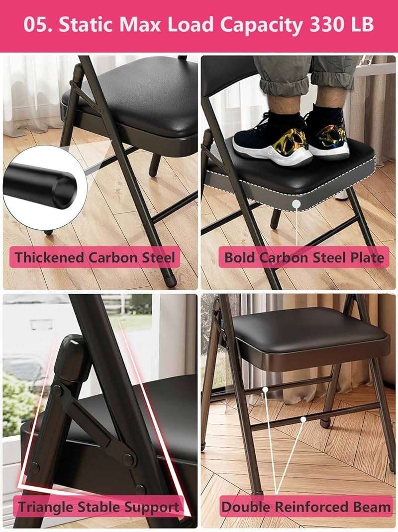 KAOCHA 1 Pack Bulk Folding Chairs with Padded Cushion, Single Black Steel Metal Frame Foldable Chair for Indoor and Outdoor, Portable Stackable Commercial Seat for Bedroom Patio Party Event - Image 5