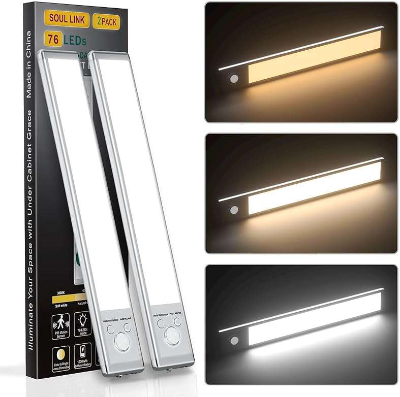 Under Cabinet Lights,76 LED Operated Motion Sensor Light Indoor,1500mAh USB Rechargeable Closet Lights, 2 Pack Magnetic Dimmable Closet Lights，Wireless Under Counter Lights for Kitchen, Stairs - Image 1