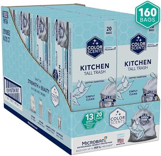 Color Scents Tall Kitchen Trash Bags -13 Gallon, 160 Total Bags (8 Packs of 20 Count), Drawstring - Silver bag in Simply Clean Scent with Microban - Image 1