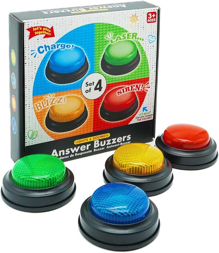 Gelabur Set of 4 Buzzers for Trivia Games, Answer Buzzers for Classroom, Family Feud Jeopardy Buzzer, Game Buzzers with Lights and Sound for Classroom, Game Show Buzzer Buttons - Image 1