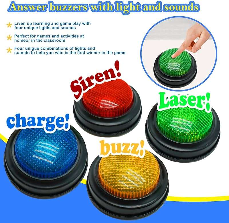Gelabur Set of 4 Buzzers for Trivia Games, Answer Buzzers for Classroom, Family Feud Jeopardy Buzzer, Game Buzzers with Lights and Sound for Classroom, Game Show Buzzer Buttons - Image 3