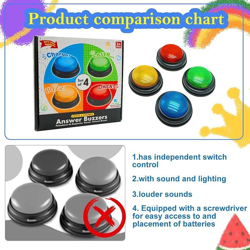Gelabur Set of 4 Buzzers for Trivia Games, Answer Buzzers for Classroom, Family Feud Jeopardy Buzzer, Game Buzzers with Lights and Sound for Classroom, Game Show Buzzer Buttons - Image 7