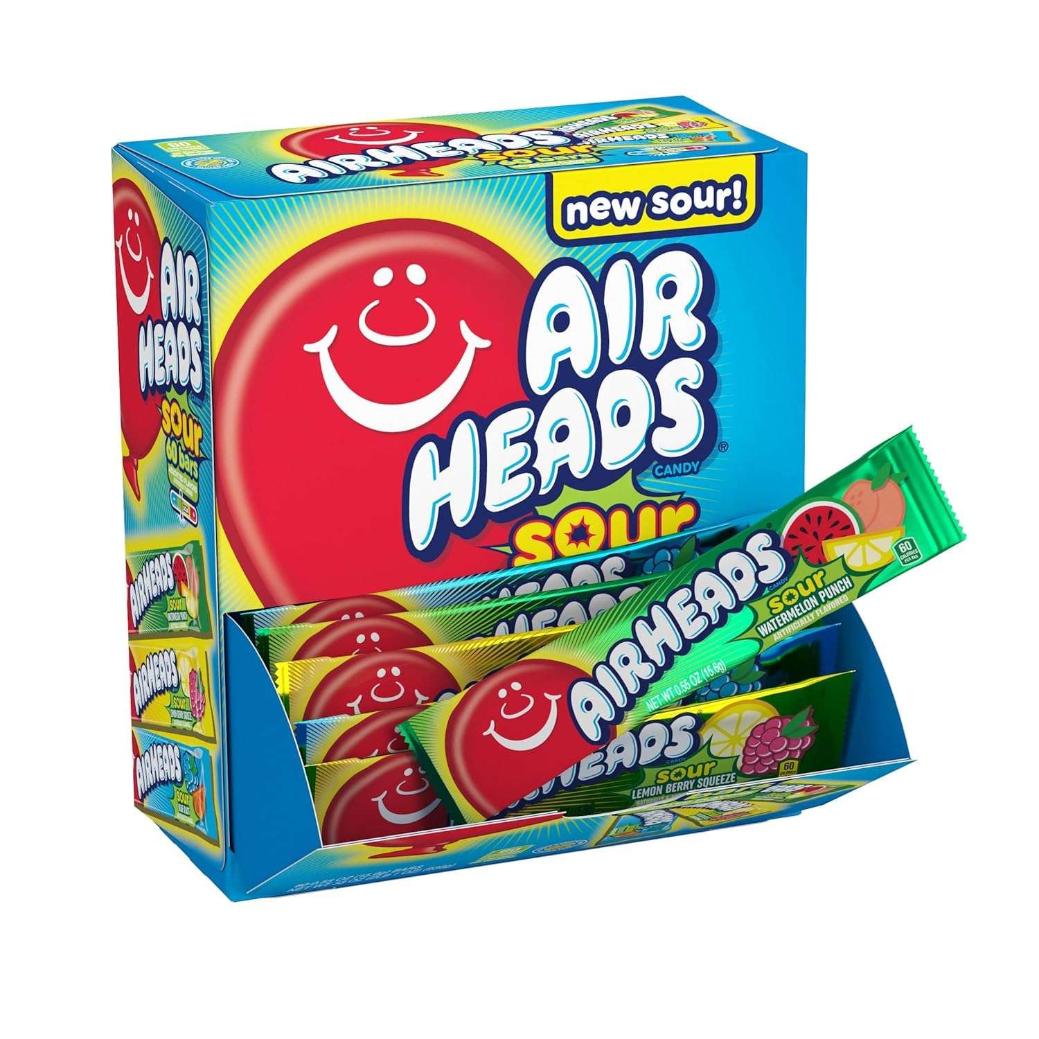 Airheads SOUR Bars, Variety Bulk Box, Sour Watermelon Punch, Blue Blast, and Lemon Berry Squeeze flavored candy, 60 Individually Wrapped Full Size Bars - Image 1
