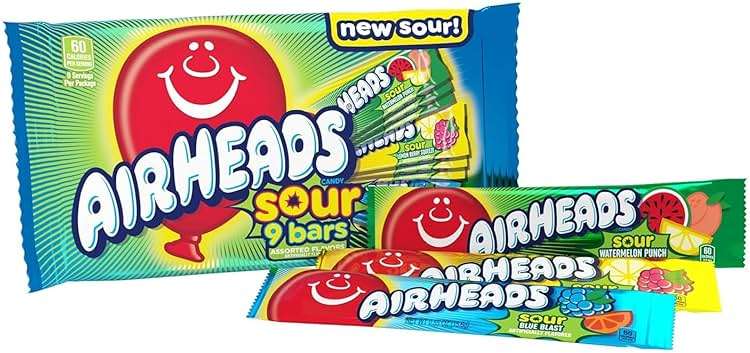 Airheads SOUR Candy Bars, Sour Watermelon Punch, Blue Blast, Lemon Berry Squeeze, 9 Bar Movie Theater Box - Image 1