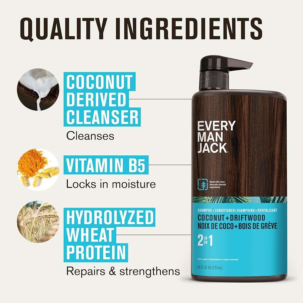 Every Man Jack 2-in-1 Daily Shampoo + Conditioner - Coconut & Driftwood | Nourishing For All Hair Types, Naturally Derived, Cruelty-Free Shampoo and Conditioner Set for Men | 24oz - 1 Bottle - Image 5