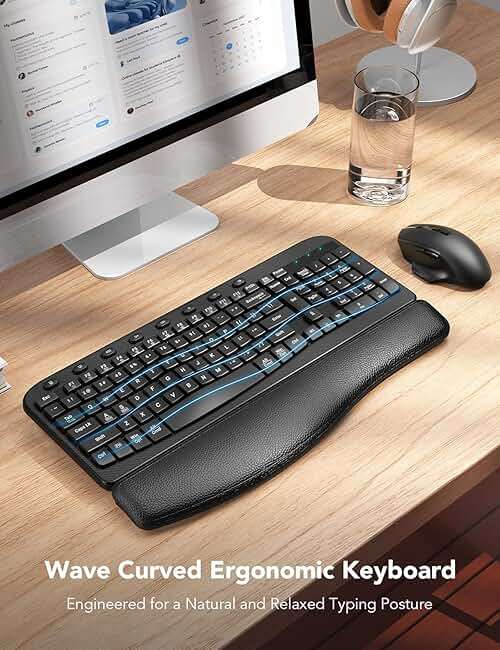 Wireless Keyboard and Mouse Combo – Ergonomic Wave Key, Built-in Leather Soft Palm Rest, 2.4G Full Size, 6-Button Mouse with 4-Level DPI, Dual USB-A/USB-C, MA12 for Windows & macOS Compatible- SABLUTE - Image 2