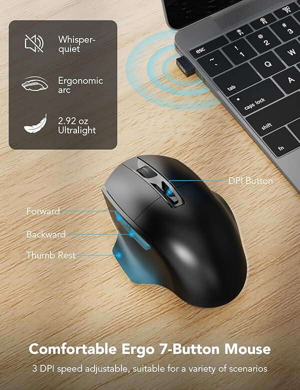 Wireless Keyboard and Mouse Combo – Ergonomic Wave Key, Built-in Leather Soft Palm Rest, 2.4G Full Size, 6-Button Mouse with 4-Level DPI, Dual USB-A/USB-C, MA12 for Windows & macOS Compatible- SABLUTE - Image 3