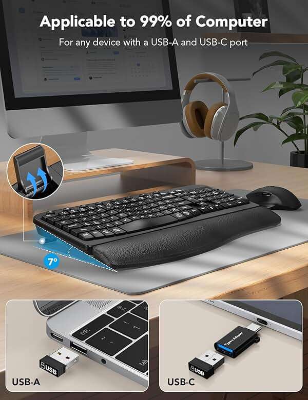 Wireless Keyboard and Mouse Combo – Ergonomic Wave Key, Built-in Leather Soft Palm Rest, 2.4G Full Size, 6-Button Mouse with 4-Level DPI, Dual USB-A/USB-C, MA12 for Windows & macOS Compatible- SABLUTE - Image 4