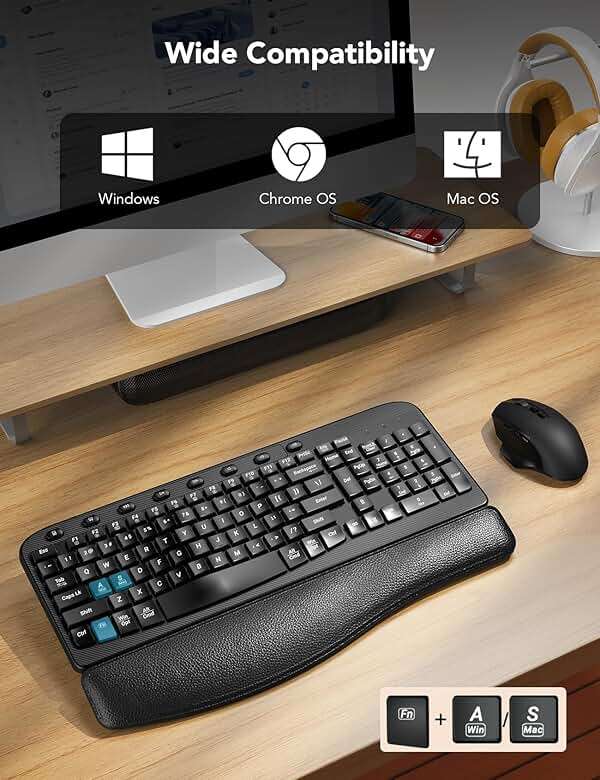 Wireless Keyboard and Mouse Combo – Ergonomic Wave Key, Built-in Leather Soft Palm Rest, 2.4G Full Size, 6-Button Mouse with 4-Level DPI, Dual USB-A/USB-C, MA12 for Windows & macOS Compatible- SABLUTE - Image 5