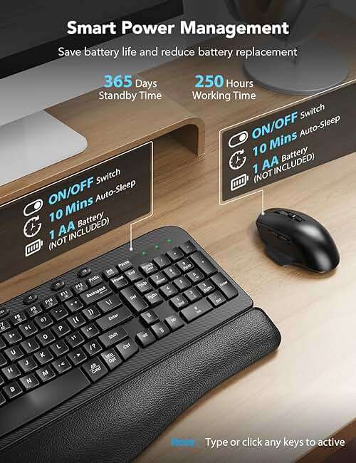 Wireless Keyboard and Mouse Combo – Ergonomic Wave Key, Built-in Leather Soft Palm Rest, 2.4G Full Size, 6-Button Mouse with 4-Level DPI, Dual USB-A/USB-C, MA12 for Windows & macOS Compatible- SABLUTE - Image 7