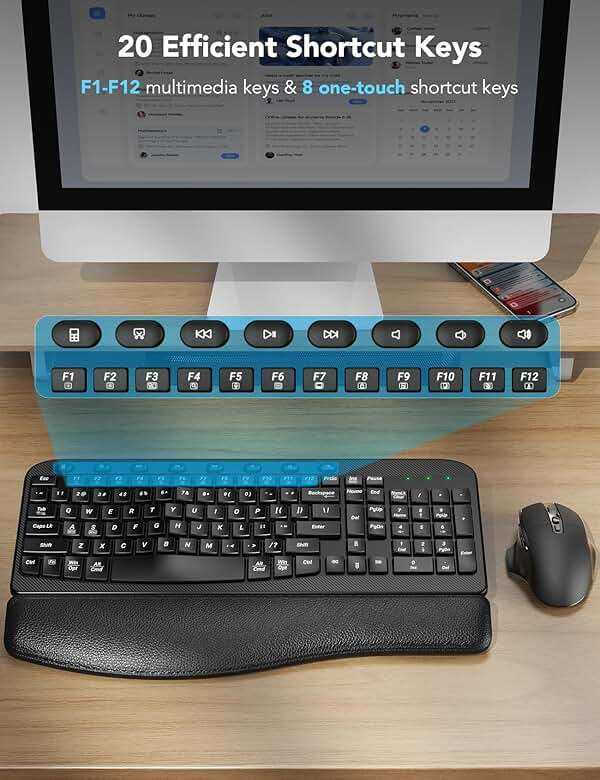 Wireless Keyboard and Mouse Combo – Ergonomic Wave Key, Built-in Leather Soft Palm Rest, 2.4G Full Size, 6-Button Mouse with 4-Level DPI, Dual USB-A/USB-C, MA12 for Windows & macOS Compatible- SABLUTE - Image 8