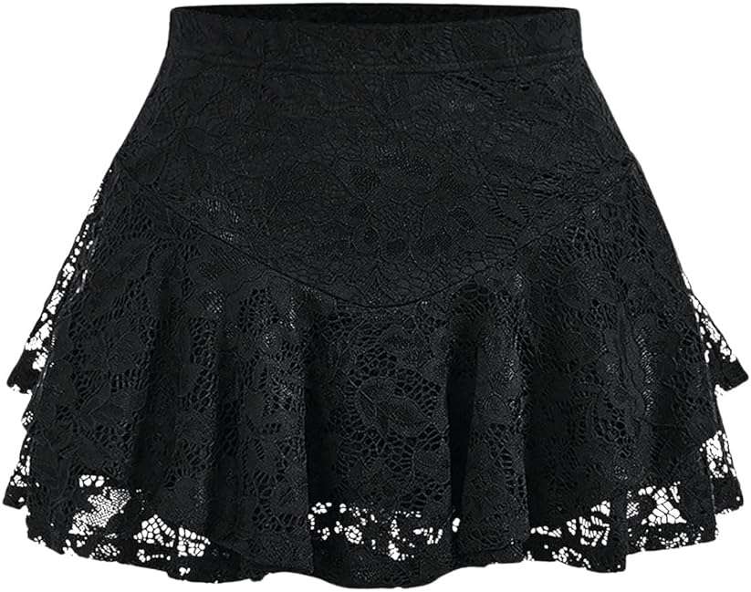Verdusa Women's Plus Size Y2K Goth Floral Lace Ruffle Mini Skirts Gothic Clothes A Line Skirt Date Night Outfit - Image 1