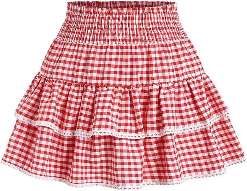 BEAUDRM Women's Y2K Gingham Skirt Plaid Ruffle High Waist A-Line Cake Mini Skirts with Lace Hem - Image 1