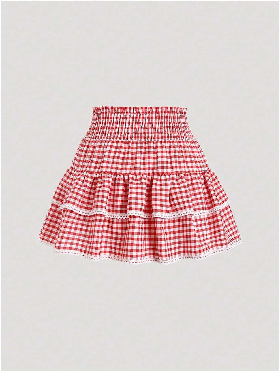 BEAUDRM Women's Y2K Gingham Skirt Plaid Ruffle High Waist A-Line Cake Mini Skirts with Lace Hem - Image 2
