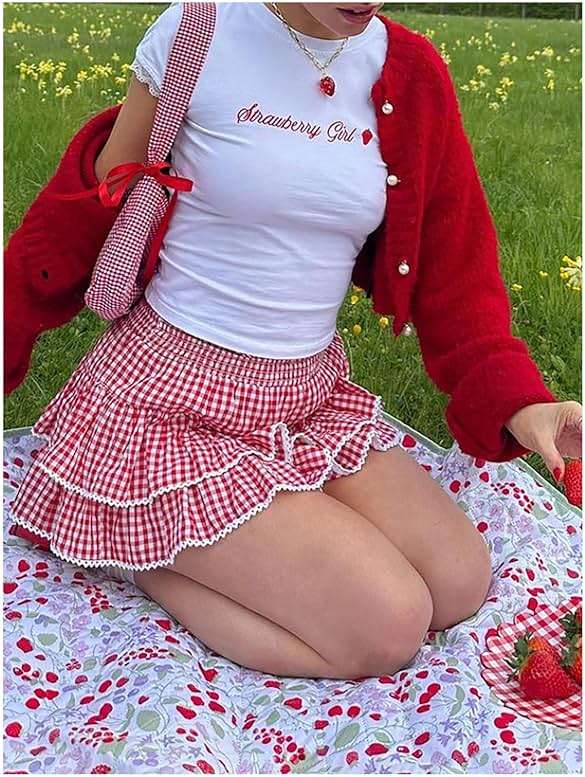 BEAUDRM Women's Y2K Gingham Skirt Plaid Ruffle High Waist A-Line Cake Mini Skirts with Lace Hem - Image 3