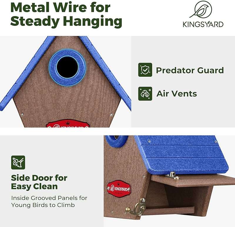 Kingsyard Recycled Plastic Bird House for Outdoors - Hanging Nesting Box with Predator Guard & Air Vents for Wren Finch Chickadee, Blue - Image 4