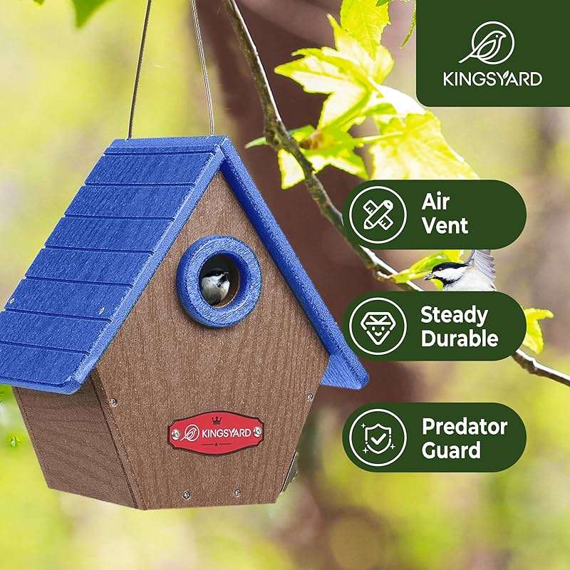 Kingsyard Recycled Plastic Bird House for Outdoors - Hanging Nesting Box with Predator Guard & Air Vents for Wren Finch Chickadee, Blue - Image 7
