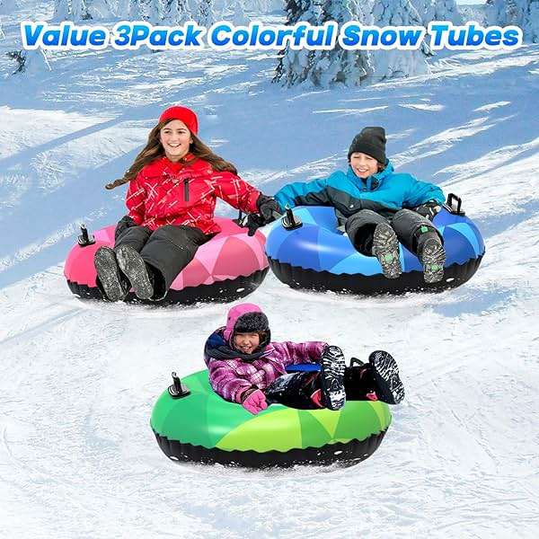 WOLKEK 3Pack Snow Tubes, Snow Sled for Kids and Adults, Cold-Resistant Inflatable Snow Tube, Thickened Heavy Duty Sleds for Winter with Handles, Snow Toys, Snow Sleds for Family Activities Outdoor Fun - Image 2