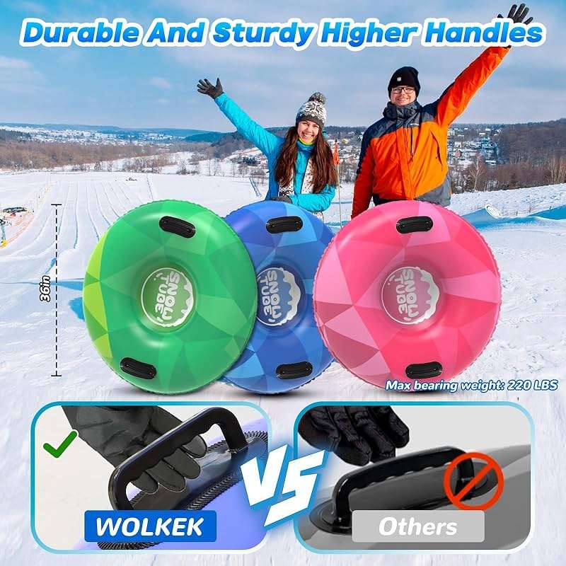 WOLKEK 3Pack Snow Tubes, Snow Sled for Kids and Adults, Cold-Resistant Inflatable Snow Tube, Thickened Heavy Duty Sleds for Winter with Handles, Snow Toys, Snow Sleds for Family Activities Outdoor Fun - Image 6