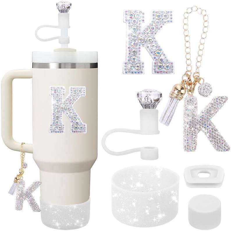 Mity rain Accessories Set for Stanley Cup, Initials Decorations for Tumbler Cup 30/40OZ, Including Diamond Straw Topper/Spill Proof Stopper/Sparkly Silicone Boot Set/Letter Charms for Handle A-Z (K) - Image 1