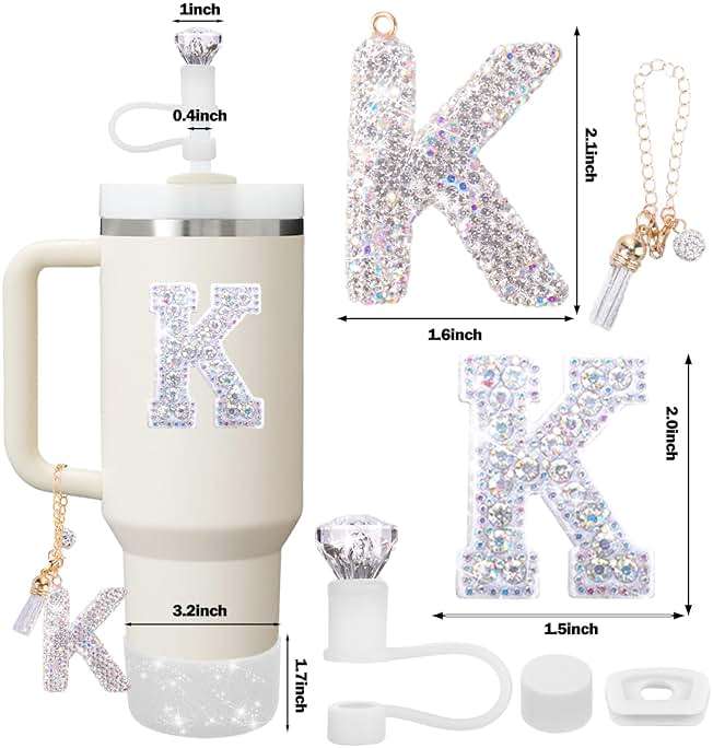 Mity rain Accessories Set for Stanley Cup, Initials Decorations for Tumbler Cup 30/40OZ, Including Diamond Straw Topper/Spill Proof Stopper/Sparkly Silicone Boot Set/Letter Charms for Handle A-Z (K) - Image 3