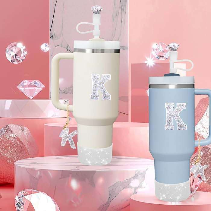 Mity rain Accessories Set for Stanley Cup, Initials Decorations for Tumbler Cup 30/40OZ, Including Diamond Straw Topper/Spill Proof Stopper/Sparkly Silicone Boot Set/Letter Charms for Handle A-Z (K) - Image 4