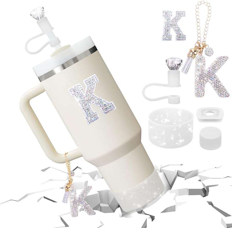 Mity rain Accessories Set for Stanley Cup, Initials Decorations for Tumbler Cup 30/40OZ, Including Diamond Straw Topper/Spill Proof Stopper/Sparkly Silicone Boot Set/Letter Charms for Handle A-Z (K) - Image 7