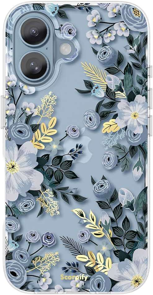 SCORPIFY for iPhone 16 Case with Blue Nemophila Floral Design, Cute Clear Flower Phone Cover for Women Girls, [Non Yellowing] Slim Shockproof Bumper with Gold Accents - Image 1