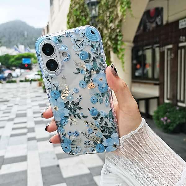 SCORPIFY for iPhone 16 Case with Blue Nemophila Floral Design, Cute Clear Flower Phone Cover for Women Girls, [Non Yellowing] Slim Shockproof Bumper with Gold Accents - Image 3