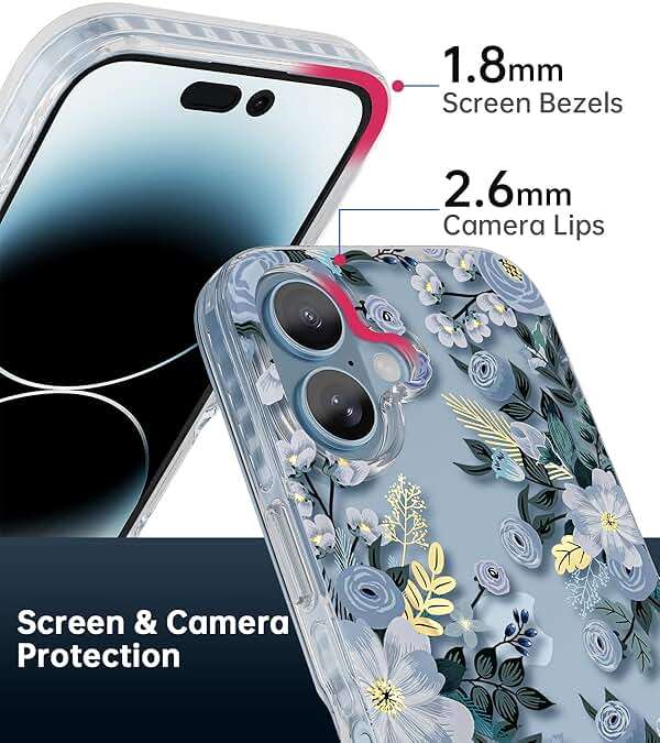 SCORPIFY for iPhone 16 Case with Blue Nemophila Floral Design, Cute Clear Flower Phone Cover for Women Girls, [Non Yellowing] Slim Shockproof Bumper with Gold Accents - Image 4