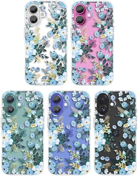 SCORPIFY for iPhone 16 Case with Blue Nemophila Floral Design, Cute Clear Flower Phone Cover for Women Girls, [Non Yellowing] Slim Shockproof Bumper with Gold Accents - Image 6