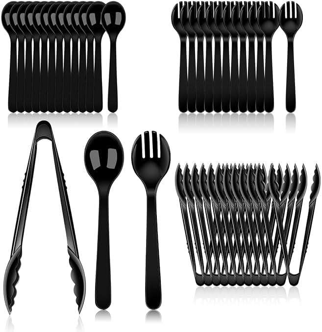 36 PCS Disposable Serving Utensils for Party - 12 Set Including Black Plastic Spoons, Tongs and Forks - Image 1