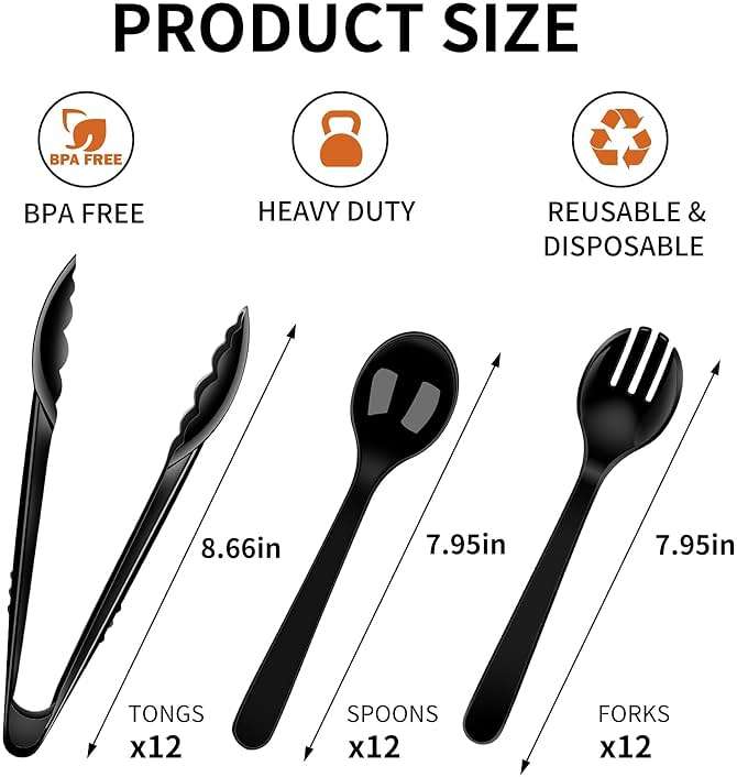36 PCS Disposable Serving Utensils for Party - 12 Set Including Black Plastic Spoons, Tongs and Forks - Image 3