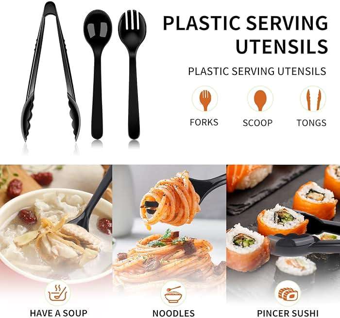 36 PCS Disposable Serving Utensils for Party - 12 Set Including Black Plastic Spoons, Tongs and Forks - Image 4
