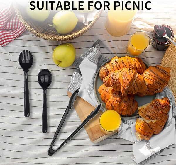 36 PCS Disposable Serving Utensils for Party - 12 Set Including Black Plastic Spoons, Tongs and Forks - Image 6