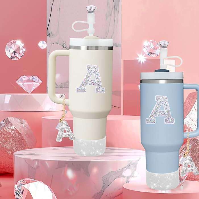 Mity rain Accessories Set for Stanley Cup, Initials Decorations for Tumbler Cup 30/40OZ, Including Diamond Straw Topper/Spill Proof Stopper/Sparkly Silicone Boot Set/Letter Charms for Handle A-Z (A-) - Image 2