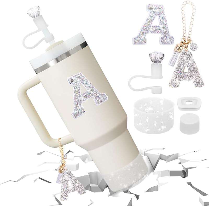 Mity rain Accessories Set for Stanley Cup, Initials Decorations for Tumbler Cup 30/40OZ, Including Diamond Straw Topper/Spill Proof Stopper/Sparkly Silicone Boot Set/Letter Charms for Handle A-Z (A-) - Image 7