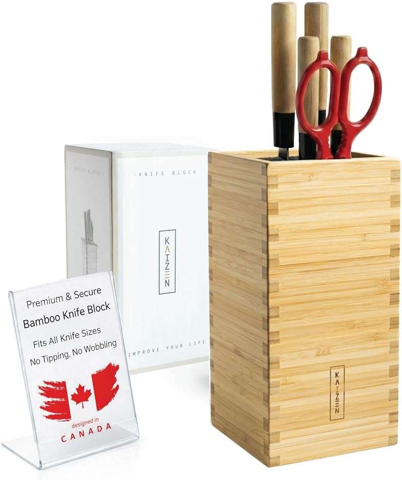KAIZEN Bamboo Knife Block Without Knives - Perfectly Sized Universal Knife Holder for Knives, Scissors - Unique Knife Storage for Counter Top with Anti-Slip Base (Natural) - Image 1