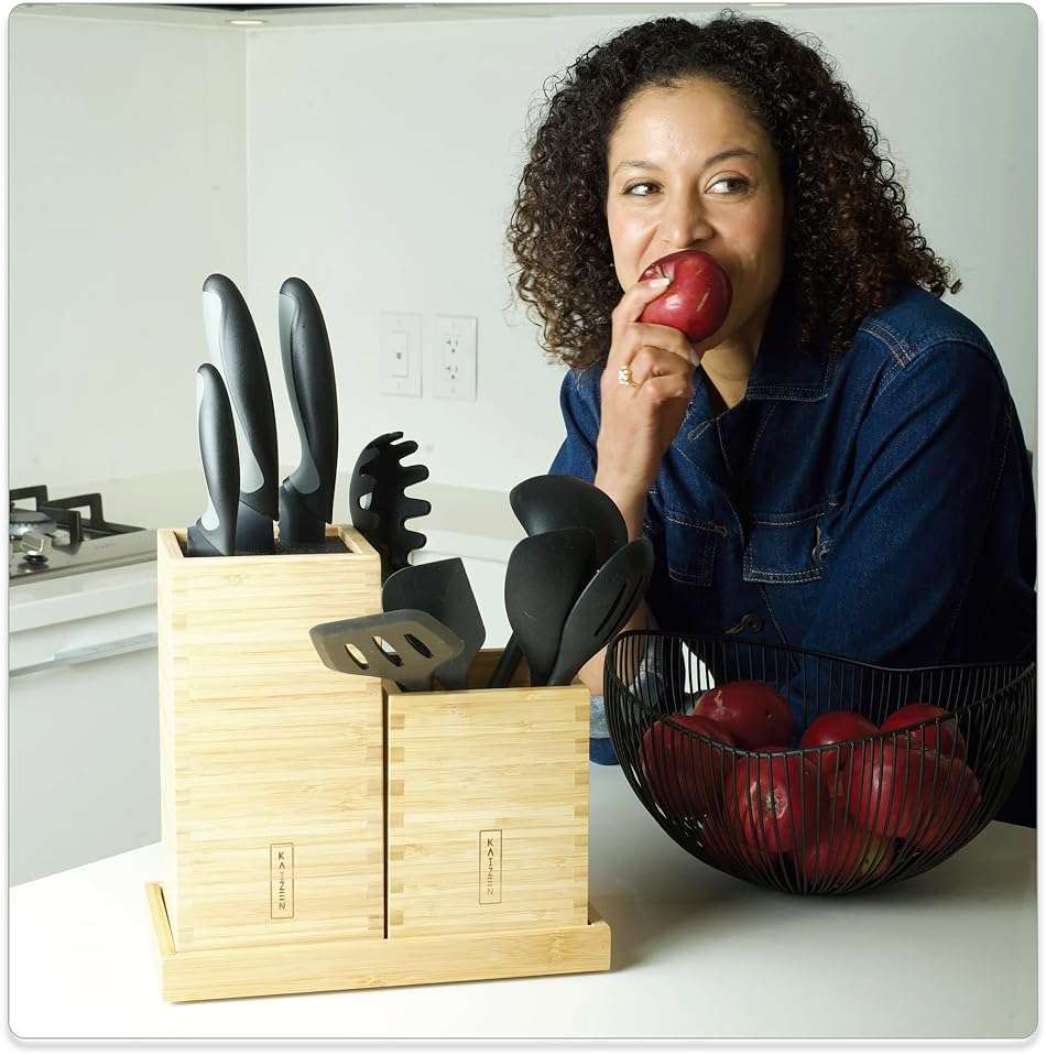 KAIZEN Bamboo Knife Block Without Knives - Perfectly Sized Universal Knife Holder for Knives, Scissors - Unique Knife Storage for Counter Top with Anti-Slip Base (Natural) - Image 2